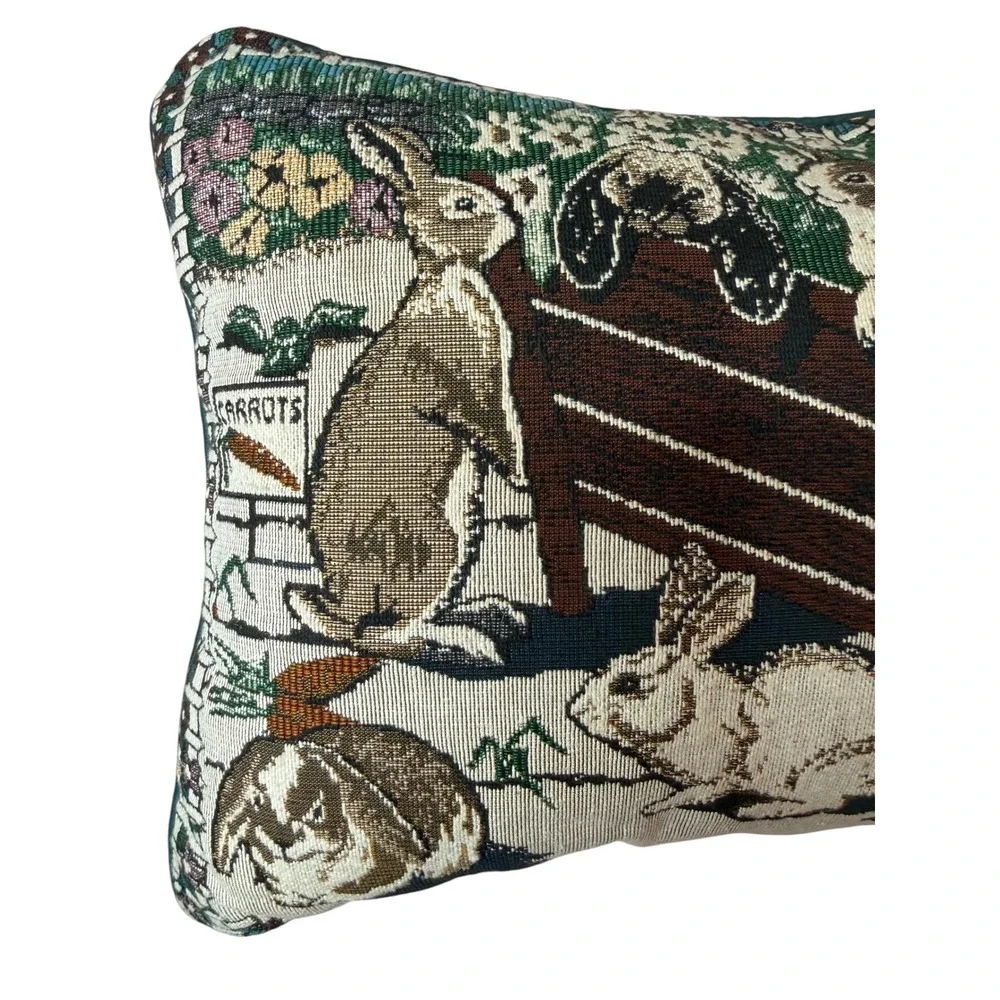 Vintage Bunny Rabbit Woven Tapestry Throw Pillow Cottagecore Farmhouse Decor